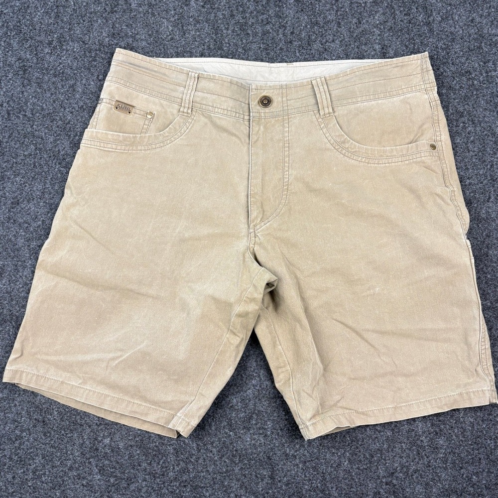 Kuhl Rydr Khaki Tan Vintage Patina Dye Cotton Blend Outdoor Shorts Mens 34